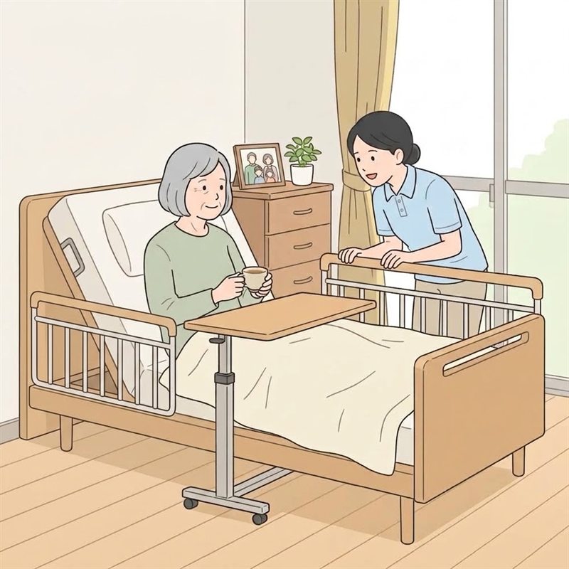 家族の写真が飾られた居室で、背もたれを起こしたベッドの上で高齢の女性がお茶を飲み、そばに立った介護職員と話している様子