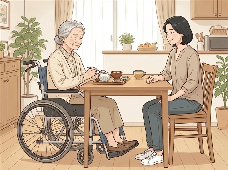 車いすで食卓につき、スプーンで食事をする高齢の女性と、横で見守る娘