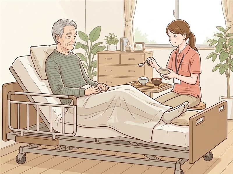 介護ベッドで体を起こして食事をする高齢の男性と、横に座って視線の高さを合わせて介助する介護職の女性