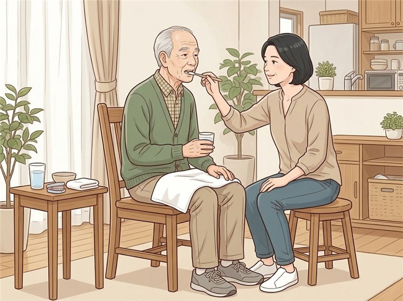 いすに座った高齢の男性の歯みがきを、低いいすに座って視線の高さを合わせて手伝う娘