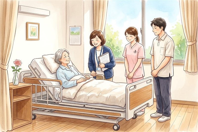 病院の個室で、背を起こしたベッドに休む高齢の女性に、看護師、理学療法士、相談員が笑顔で話しかけている図