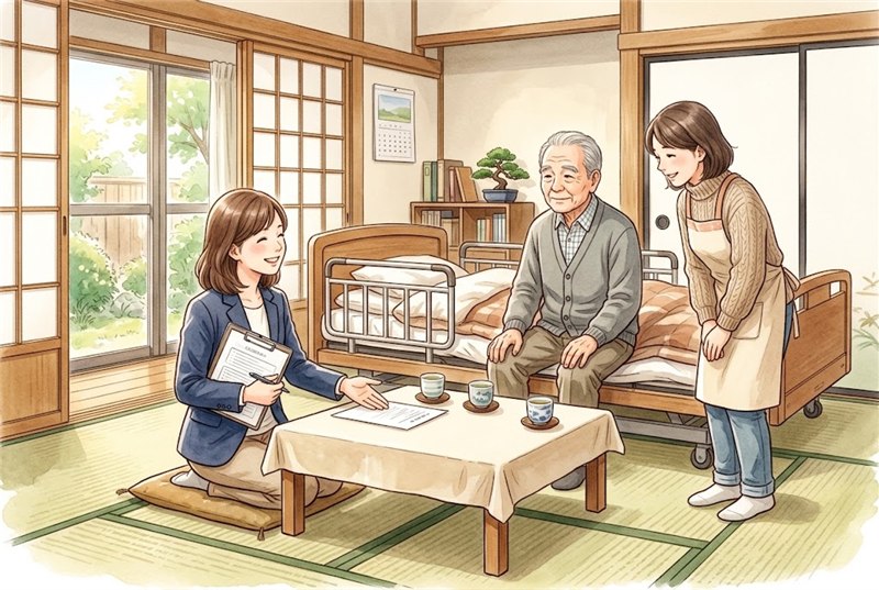 自宅の和室で、介護ベッドの端に座る高齢の男性と、そばに立つ娘さんに、ケアマネジャーの女性が書類を見せながら笑顔で話している図