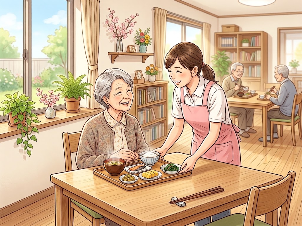 施設の明るい食堂で、女性の介護職員が、テーブルに座る高齢の女性のお盆のおかずを、取りやすい位置にそっと寄せている様子