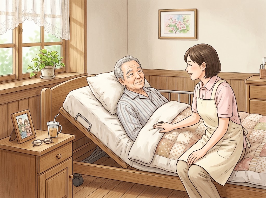 施設の居室で、背を少し起こした介護用ベッドに横になる男性に、女性の介護職員が目の高さを合わせて声をかけている様子