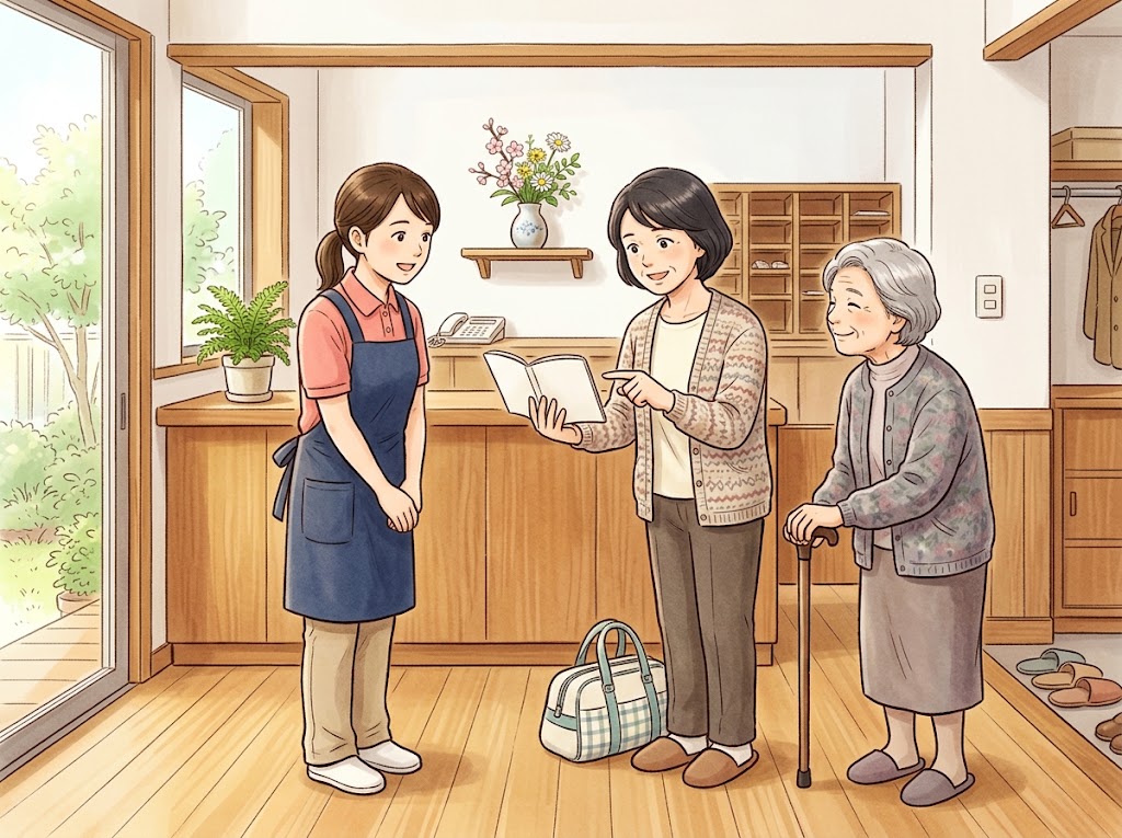 施設の玄関ロビーで、女性の家族が、ふだんの様子を書いたノートを開いて職員に見せながら説明し、杖をついた母親が見守っている様子