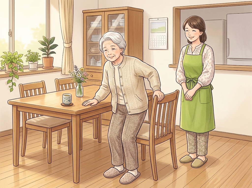 自宅のダイニングで、高齢の女性がテーブルに手をついて椅子から立ち上がり、娘が少し離れて見守っている様子