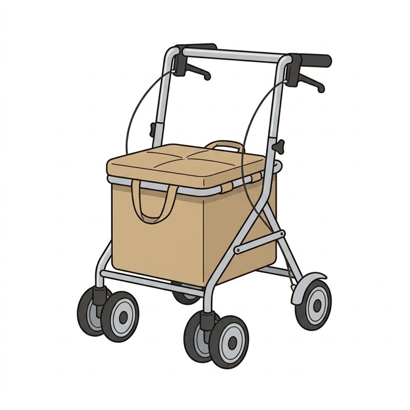 体の前だけにハンドルがあり、その下にブレーキレバー、大きな荷物入れの箱とふたの座面、4つの車輪が付いたシルバーカーの図