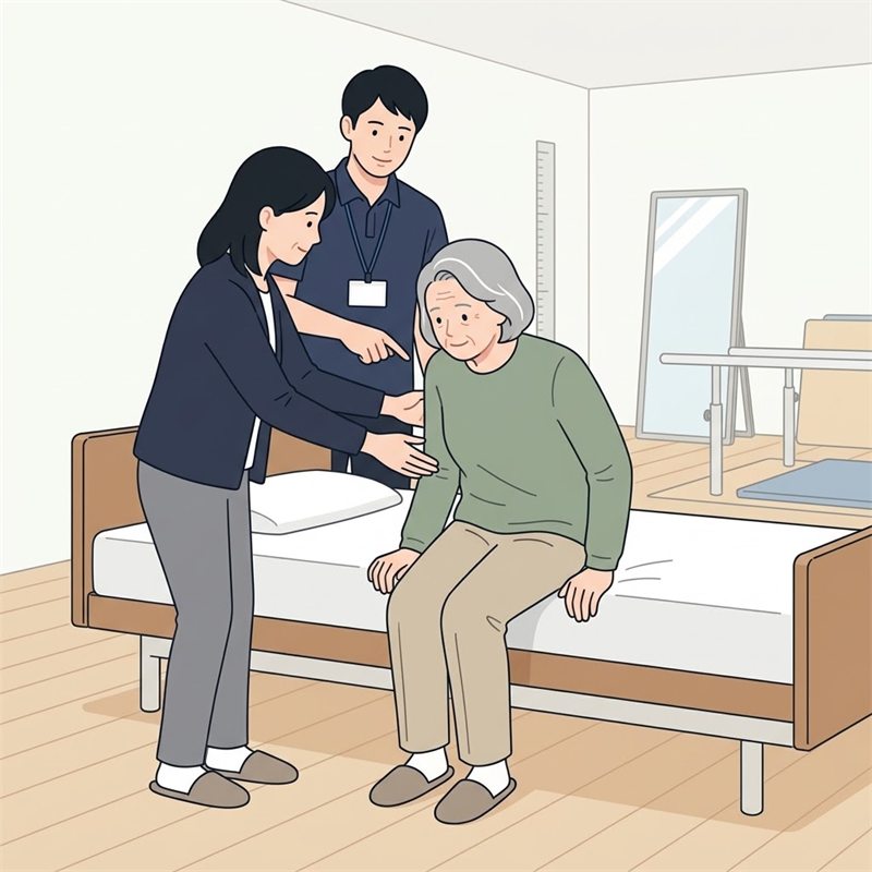 病院のリハビリ室で、ベッドの端に腰かけた高齢の女性が立ち上がろうとし、娘が腰に手を添えて介助している。うしろで名札を下げた理学療法士が、手を添える位置を指さして教えている