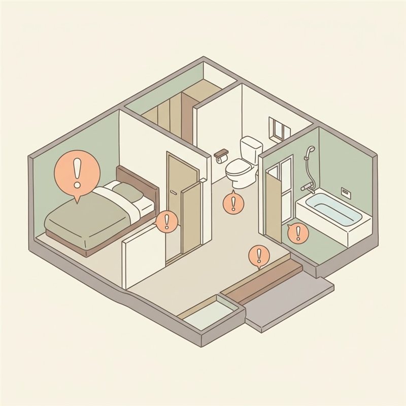 平屋の家の中を斜め上から見た図。寝室のベッドの横、寝室と廊下の境目、トイレの前、浴室の入口、玄関の段差に、注意を示すオレンジの丸い印がある。いちばん大きな印は寝室