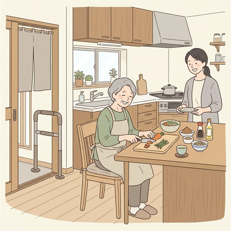 台所で、高齢の女性がいすに座り、手の届く高さに道具や調味料を置いて、笑顔で野菜を切っている。そばで娘が見守り、台所の入口には置き型の手すりがある図
