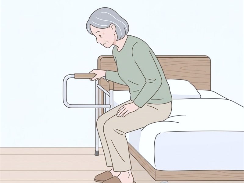 介助バーを使ってベッドから立ち上がる図