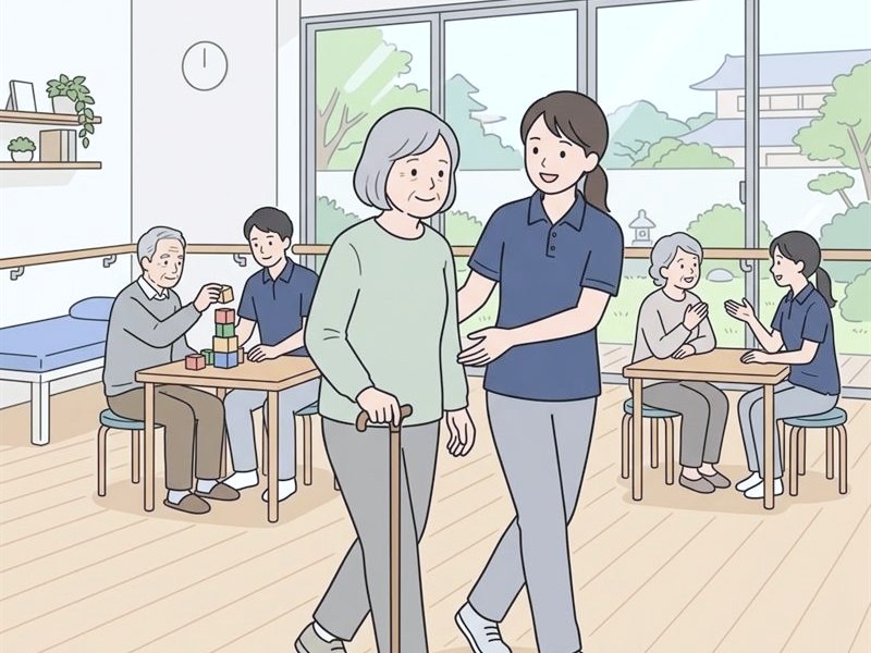 病院の訓練室で、理学療法士に付き添われて杖で歩く練習をする高齢の女性の図
