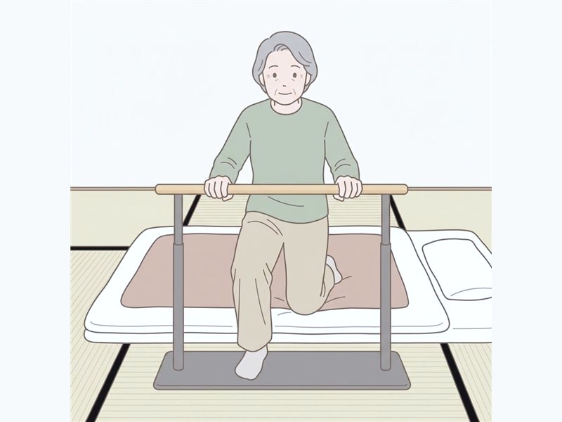 布団の横の置き型手すりにつかまって立ち上がる図