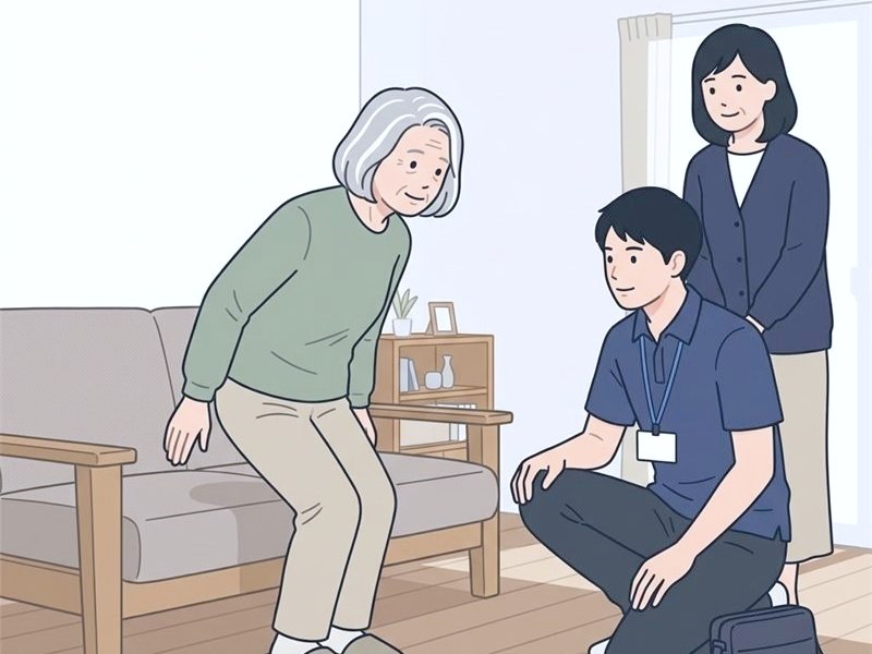 自宅の居間で立ち上がる練習をする高齢の女性と理学療法士の図