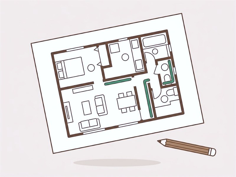 手すりの位置を緑の線で示した、平屋の見取り図が描かれた紙と鉛筆の図