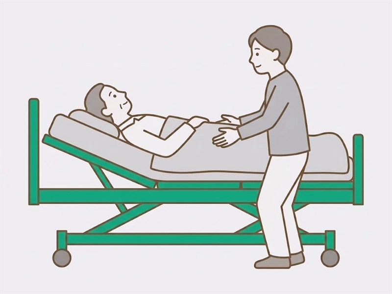 高く上げた介護ベッドの横で、背すじを伸ばして介助する人のイメージ図