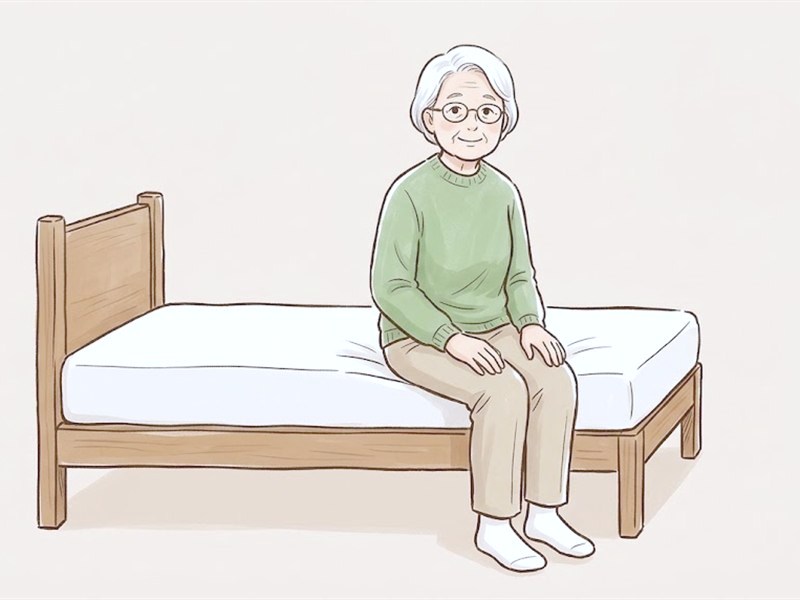 ベッドの端に腰かけ、両足を床につけて座っている高齢の女性の図