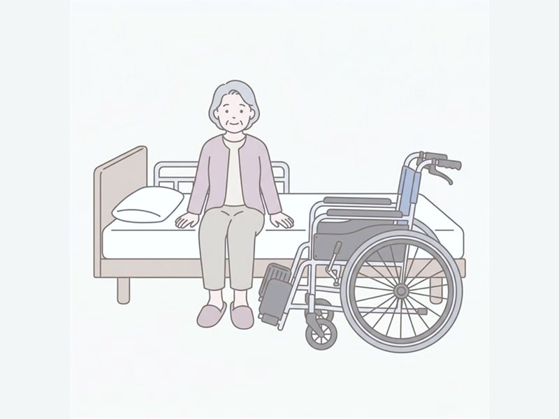 ベッドの横に、乗り移りやすい向きで車いすを置いた図