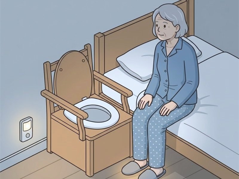 夜の寝室でベッドの横に置いたポータブルトイレの図