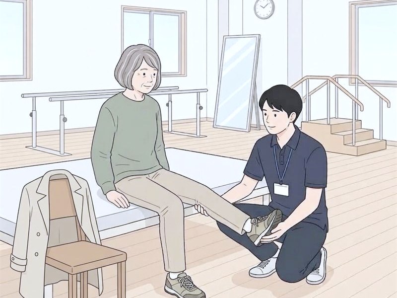 病院のリハビリ室で、ひざを伸ばす運動をする高齢の女性と理学療法士の図