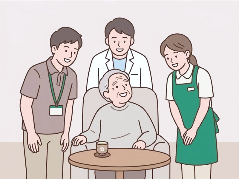 椅子に座った高齢の方を、白衣の人、エプロンの人、ネームストラップを下げた人の3人が笑顔で囲んでいる図