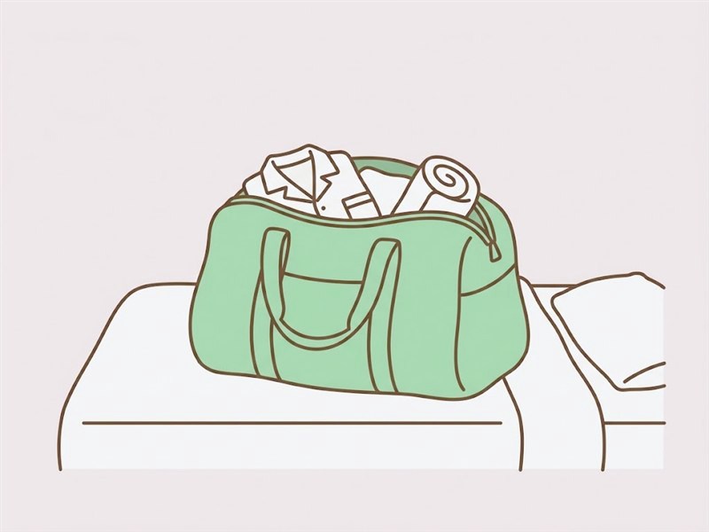 着替えを詰めたお泊まり用の緑のバッグが、ベッドの上に置かれた図