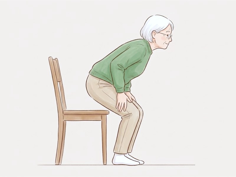 いすから立ち上がる途中で、深くおじぎをしてお尻が座面から浮いた高齢の女性の図