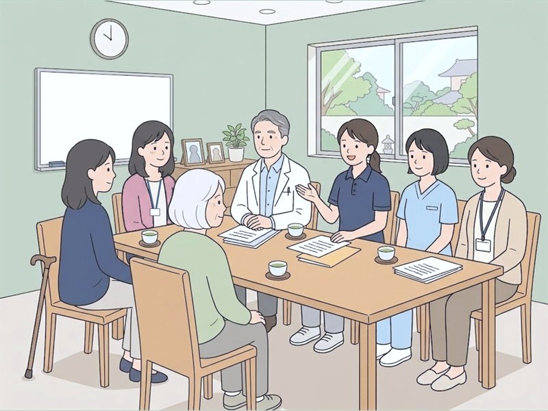 退院前カンファレンスで話し合う図