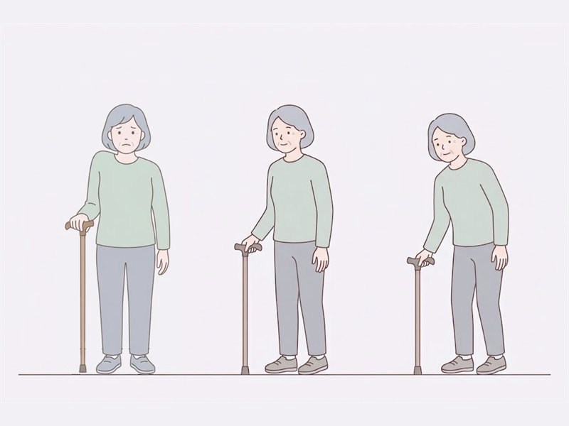 杖を持って立つ高齢の女性の図
