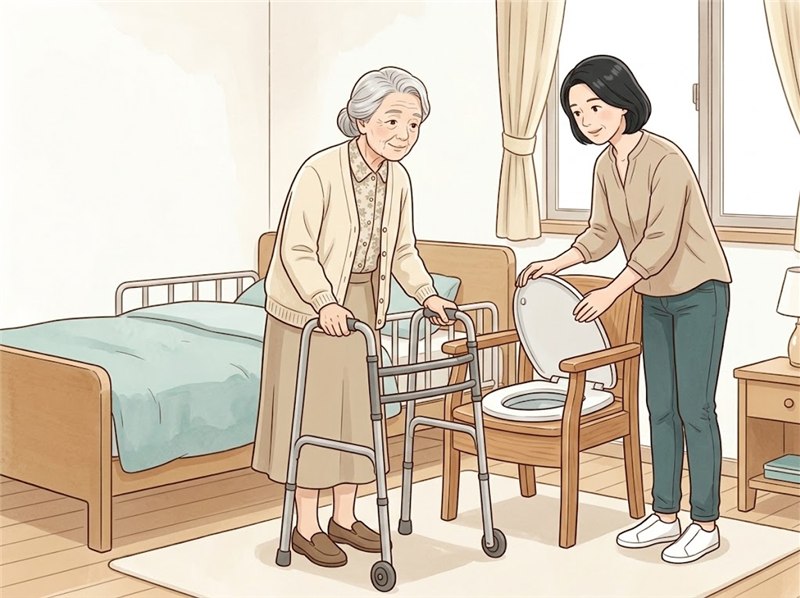 寝室のベッドのそばで、高齢の女性が歩行器を両手で握って立っている。娘が横から、ポータブルトイレの蓋を開けている