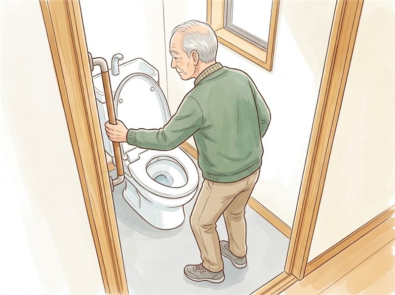 トイレの中で、高齢の男性が便器に向かって立ち、便器の横の壁に付いた縦の手すりを片手で握っている