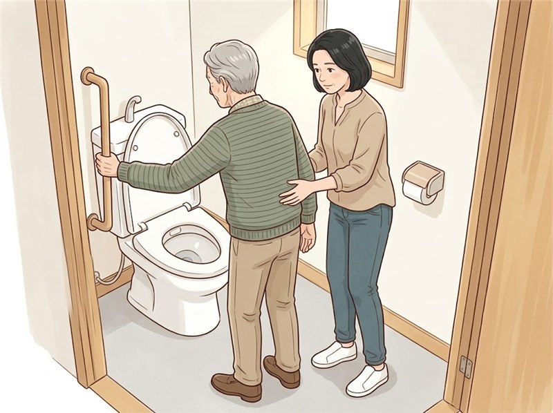 狭いトイレの中で、右半身に麻痺のある男性が、左手で壁の縦手すりを握って便器の前に立っている。娘が右側のやや斜め後ろに立ち、すぐ支えられる位置から見守っている