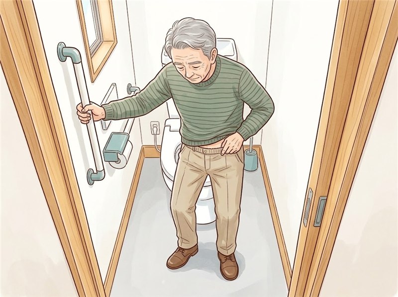 トイレの中で、高齢の男性が、片手で壁の縦手すりを握ったまま、もう片方の手でズボンのウエストを持っている