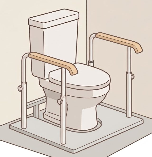 洋式トイレのまわりの床に板を置き、その板から便器の左右に肘掛けのような手すりが立っている図。便器の前の足元は空いている