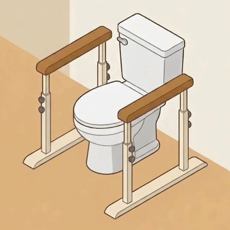 洋式トイレの左右に、床に置く土台と肘掛けのような手すりが立っている図