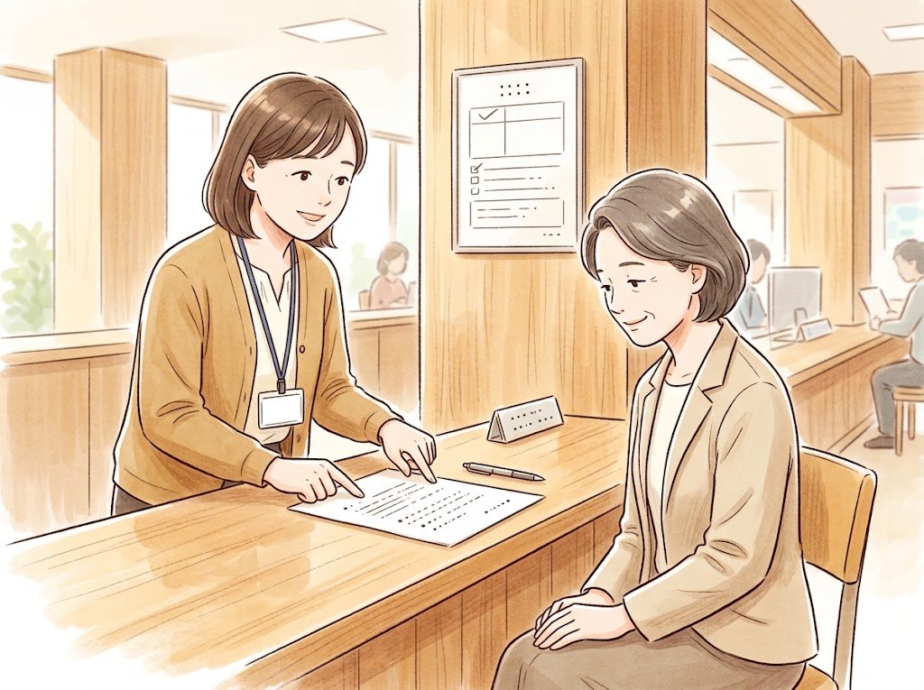 市役所の窓口で、職員の女性が、カウンターの書類を指さしながら、申請に来た女性に説明している