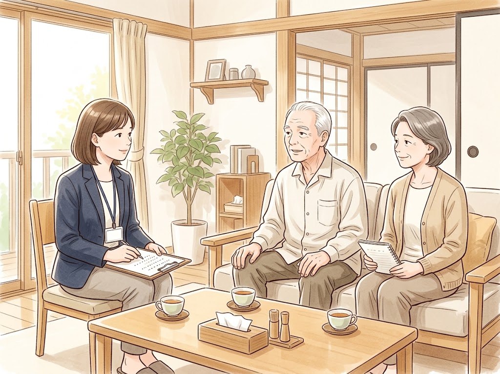 自宅の居間で、調査員の女性が、ソファに座った男性に聞き取りをしている。隣に座った娘が、ノートを持って立ち会っている