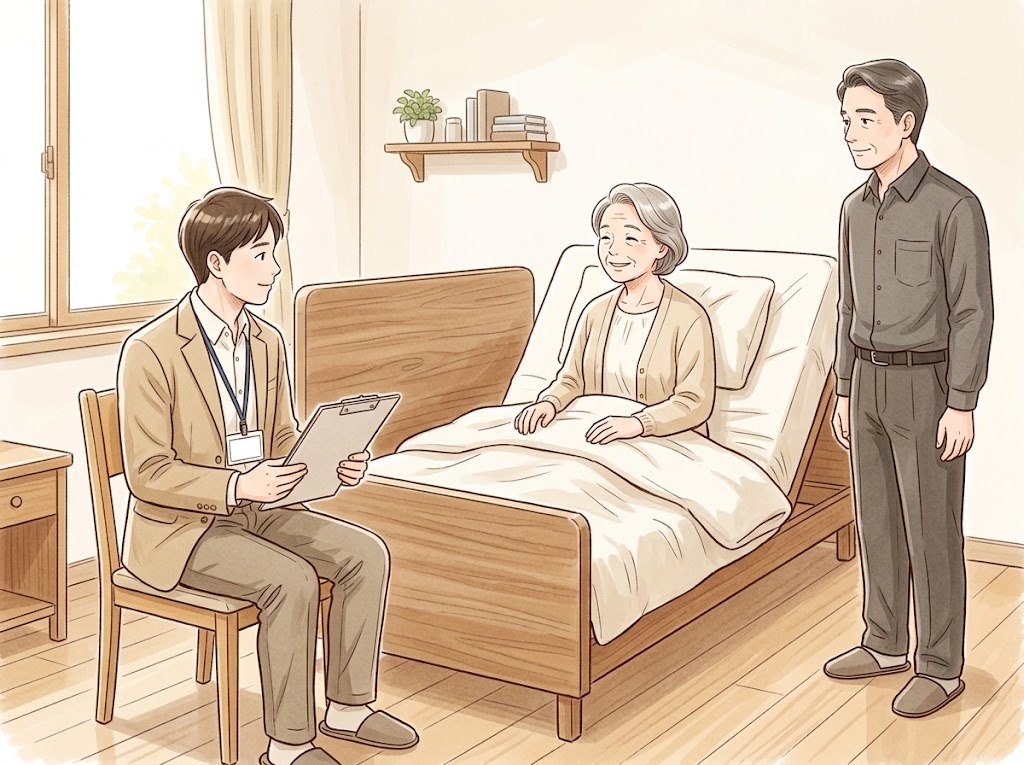 寝室の介護用ベッドで上体を起こした女性に、ベッドの脇のいすに座った調査員の男性が聞き取りをしている。ベッドの足元側に、息子が立って見守っている